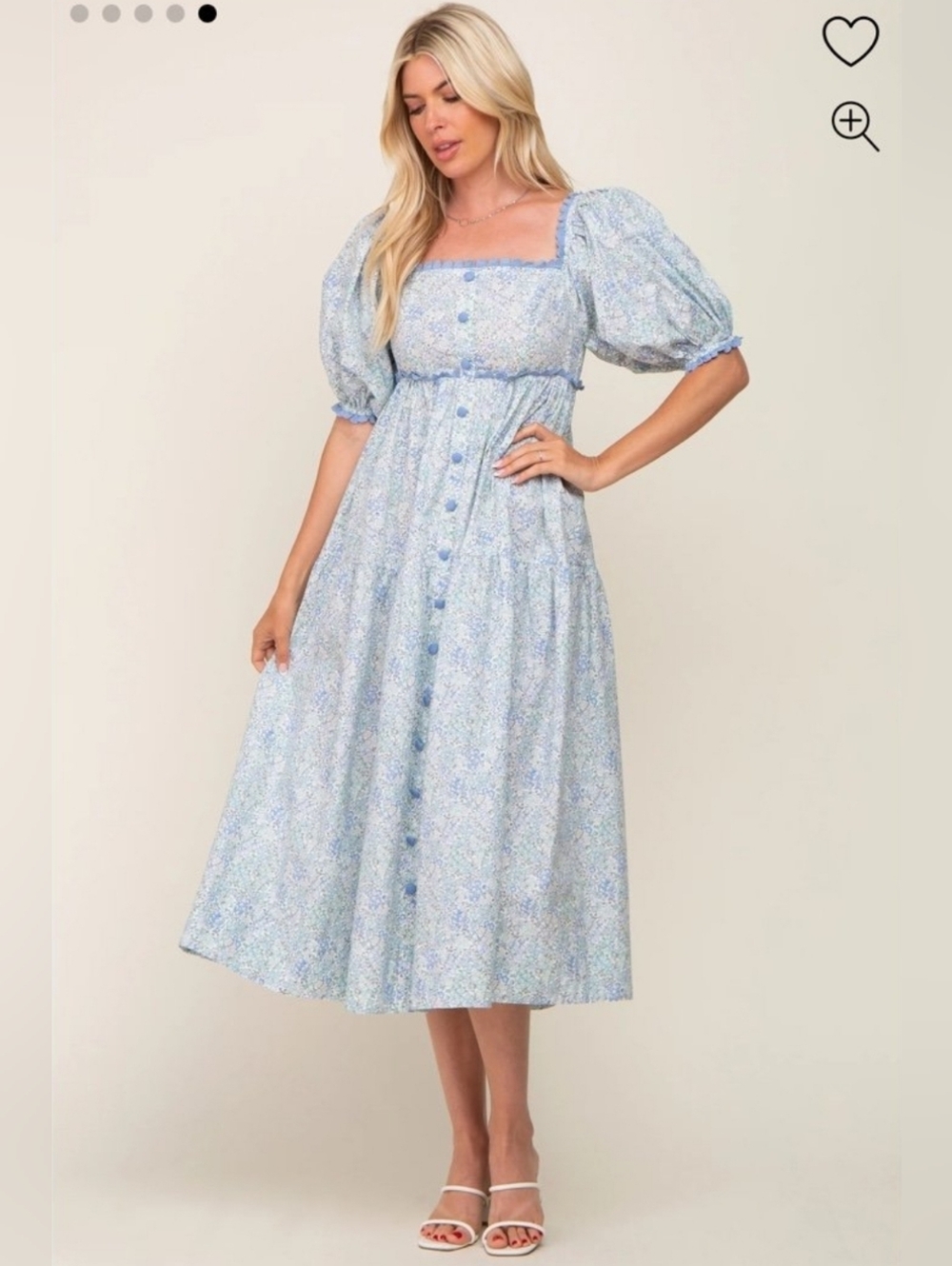 EUC Mable Light Blue Floral Puff-Sleeve Midi Dress - Women's Medium